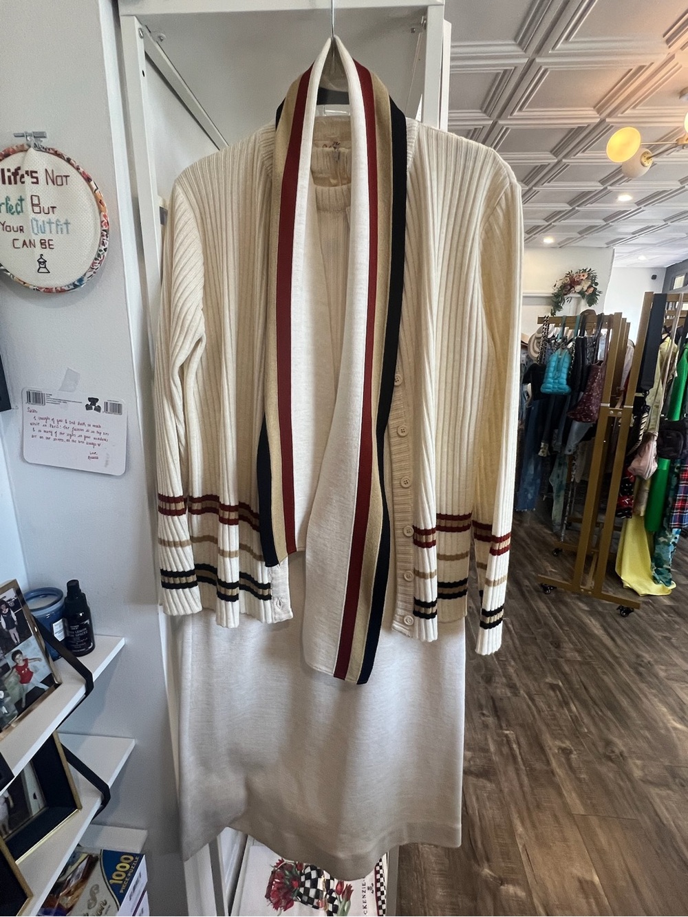 Vintage sweater dress with Cream Ribbed Cardigan with Striped Trim